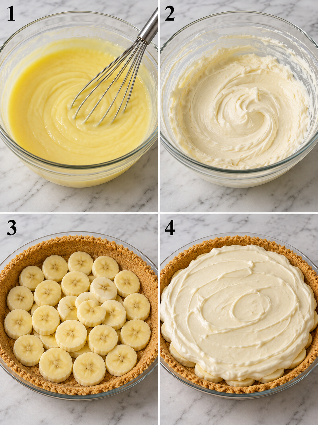 Four steps for making No-Bake Banana Cream Pie with pudding and bananas