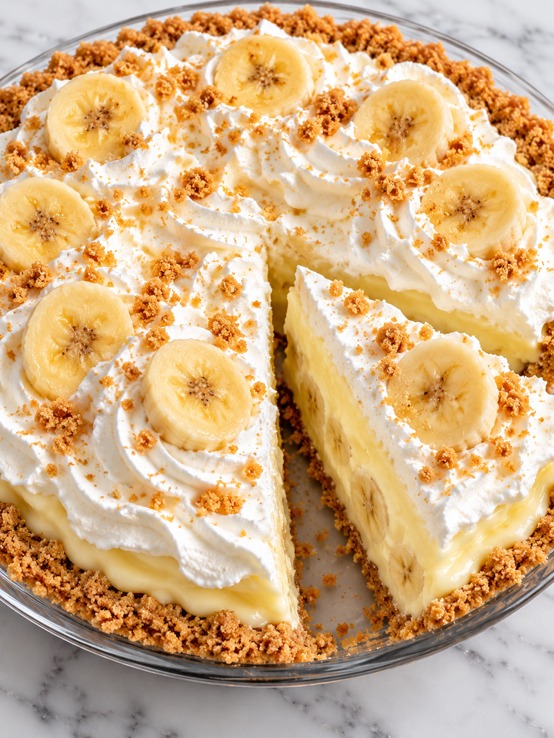 No-Bake Banana Cream Pie with a lifted slice and banana topping
