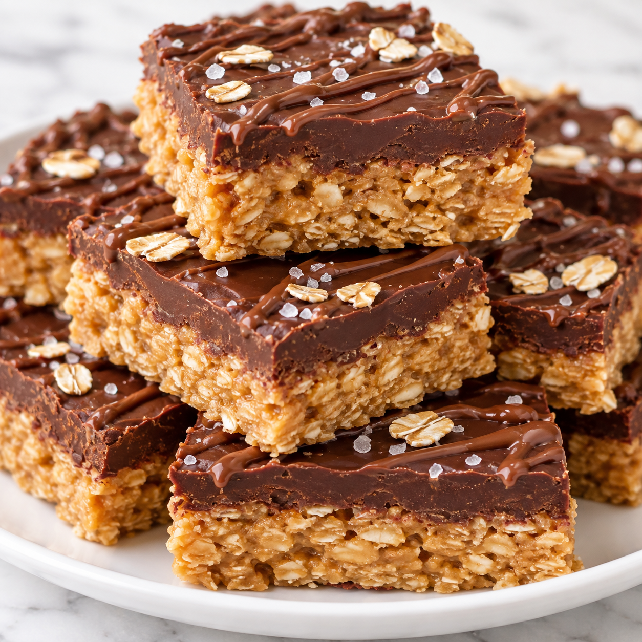 No bake chocolate oat bars with glossy chocolate and chewy oat layers