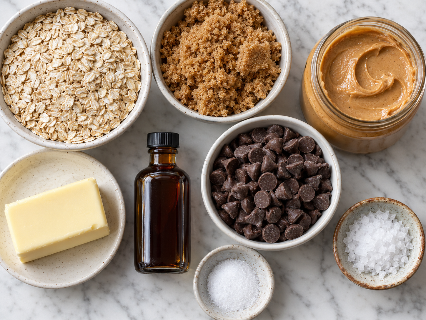 Ingredients for no bake chocolate oat bars with oats, chocolate, and peanut butter