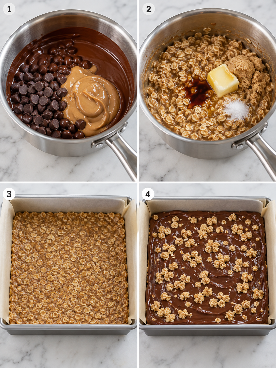 Four steps for making no bake chocolate oat bars in a square pan