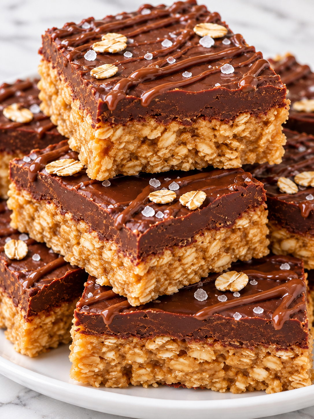 Stacked no bake chocolate oat bars with a thick chocolate peanut butter layer