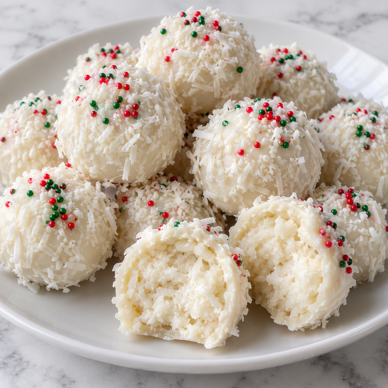 White chocolate coconut cream balls with snowy coconut and holiday sprinkles