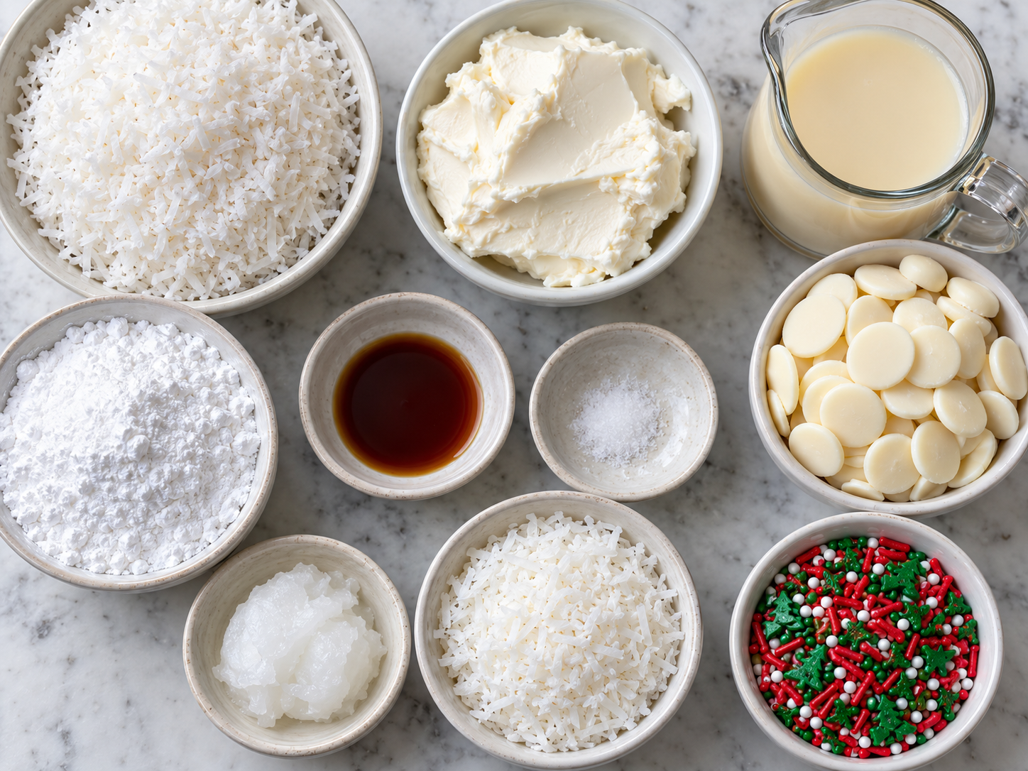 Ingredients for coconut cream balls with coconut, cream cheese, and white chocolate