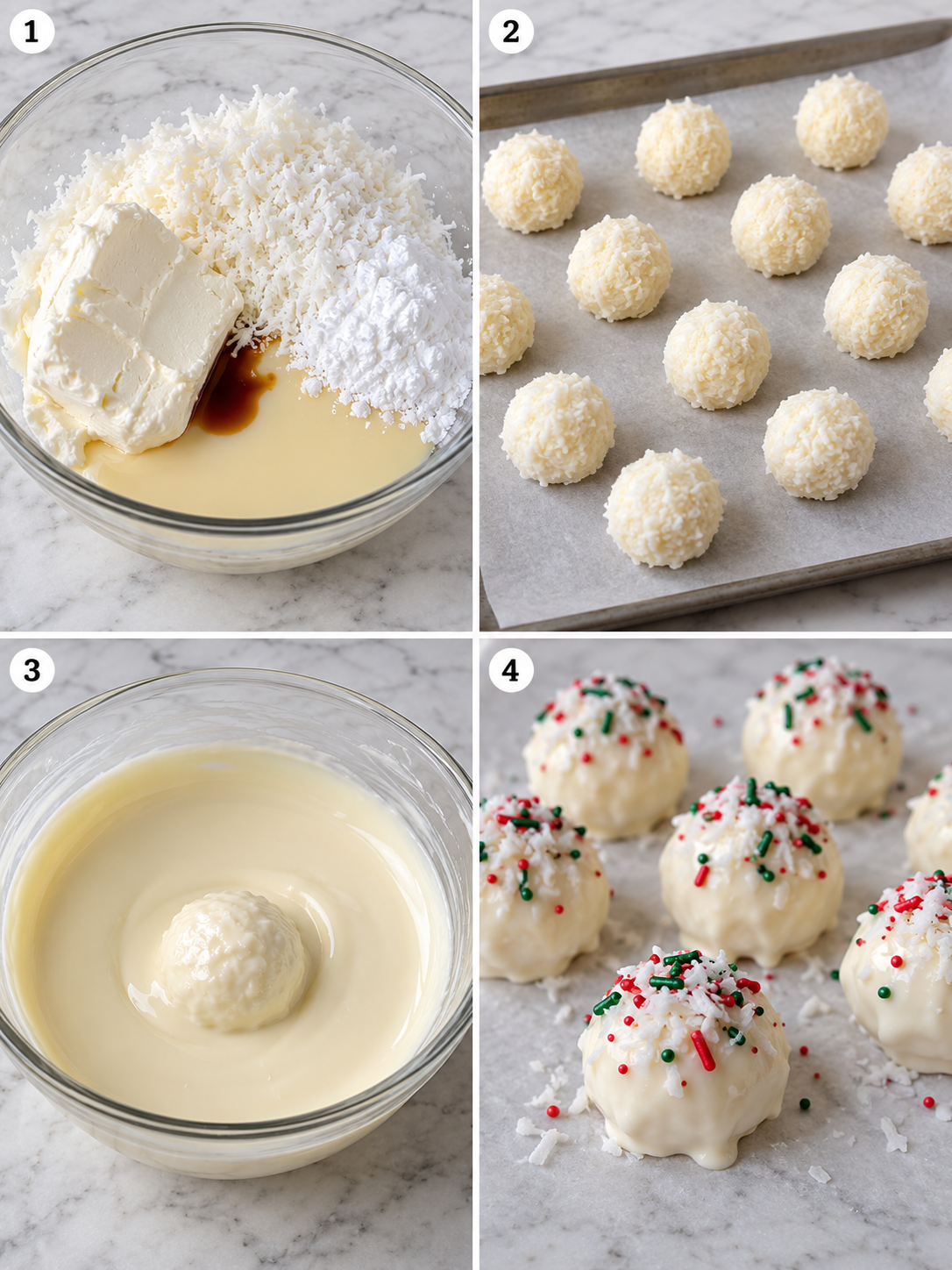 Four steps for mixing, rolling, dipping, and decorating coconut cream balls