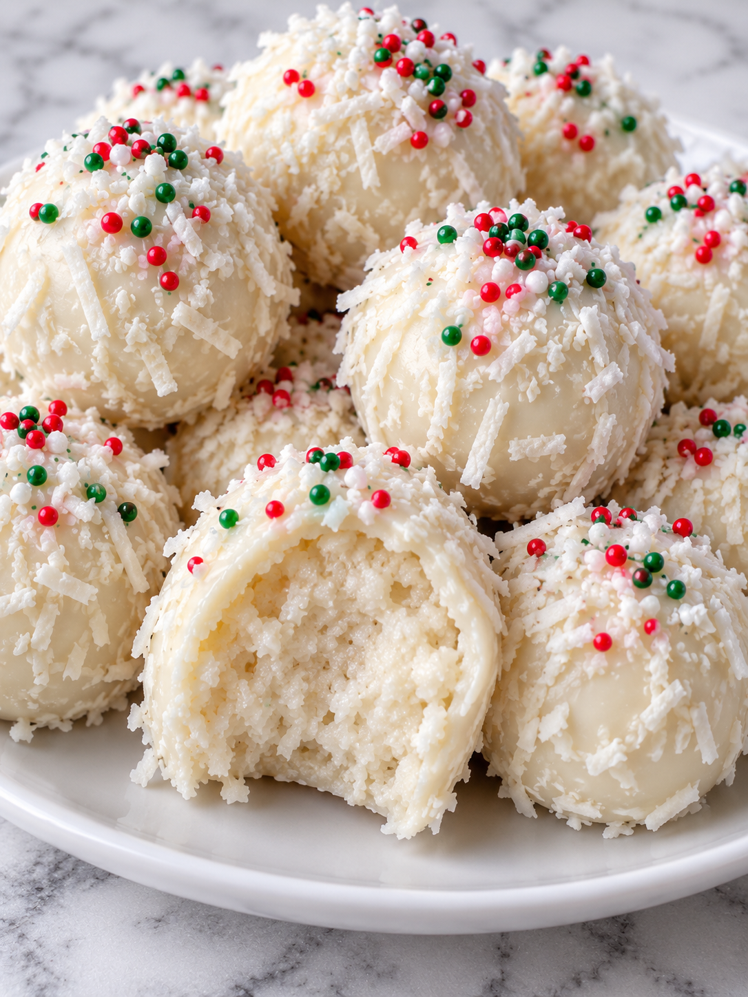 Coconut cream balls with white chocolate coating and holiday sprinkles