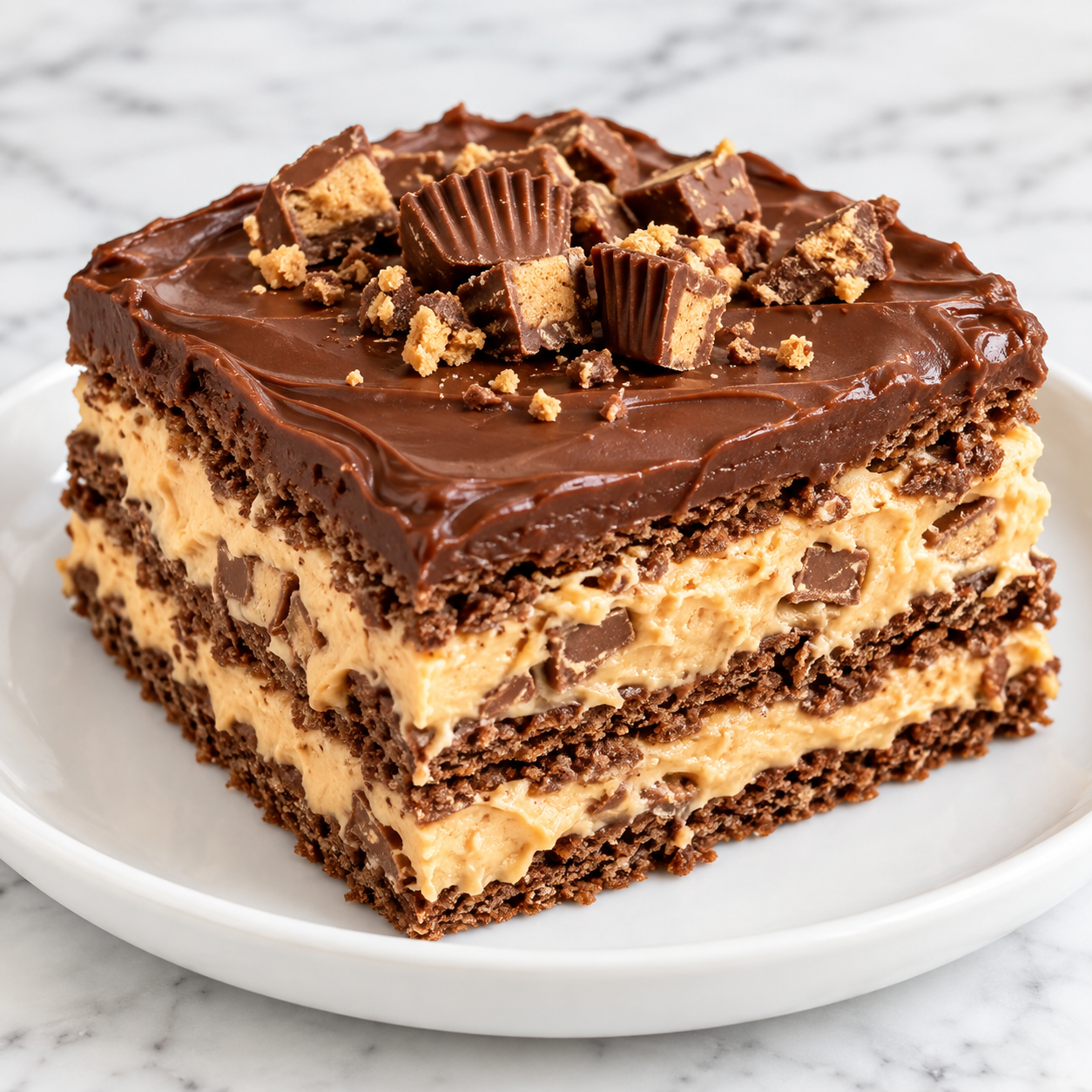 Peanut butter eclair cake with chocolate top and creamy layers