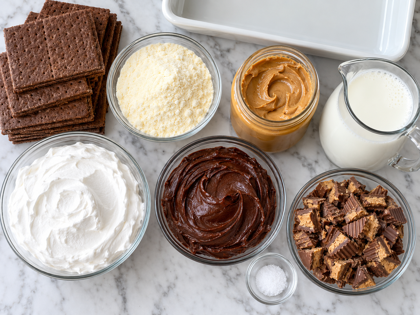 Ingredients for peanut butter eclair cake on a wooden counter