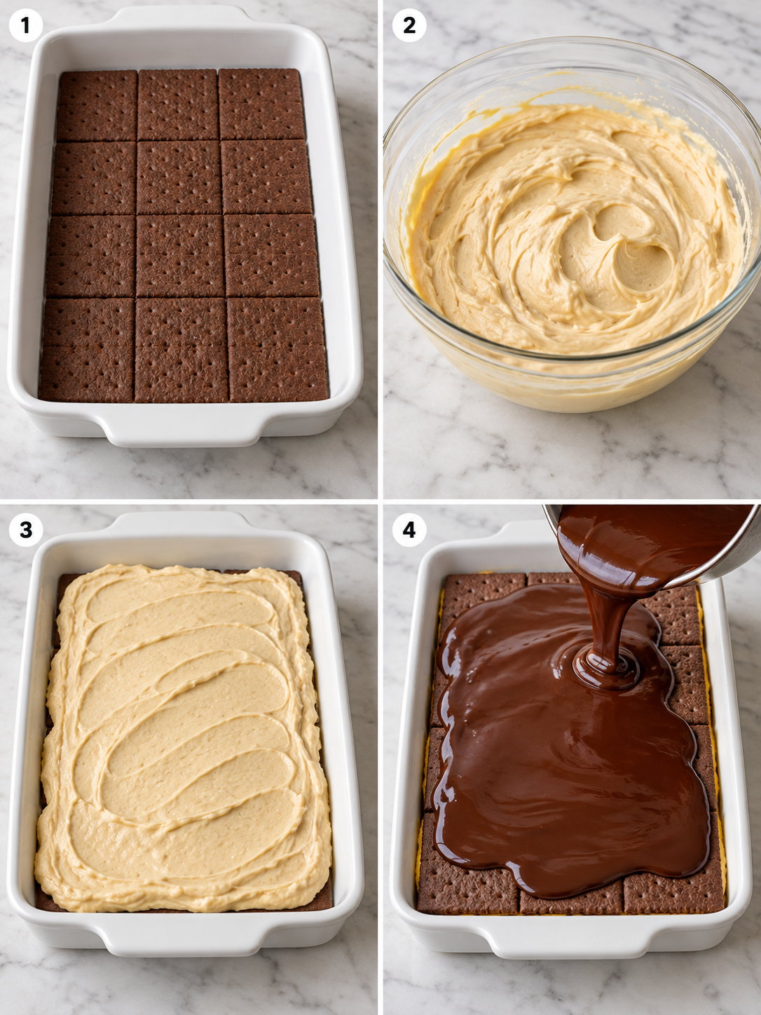 Four steps for layering peanut butter eclair cake