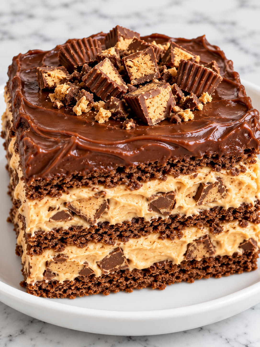 Tall slice of peanut butter eclair cake with glossy chocolate frosting