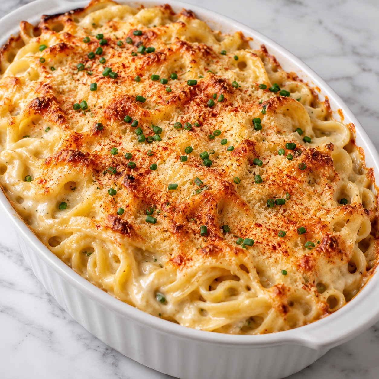 Creamy Noodles Romanoff with paprika and chives in a white casserole dish