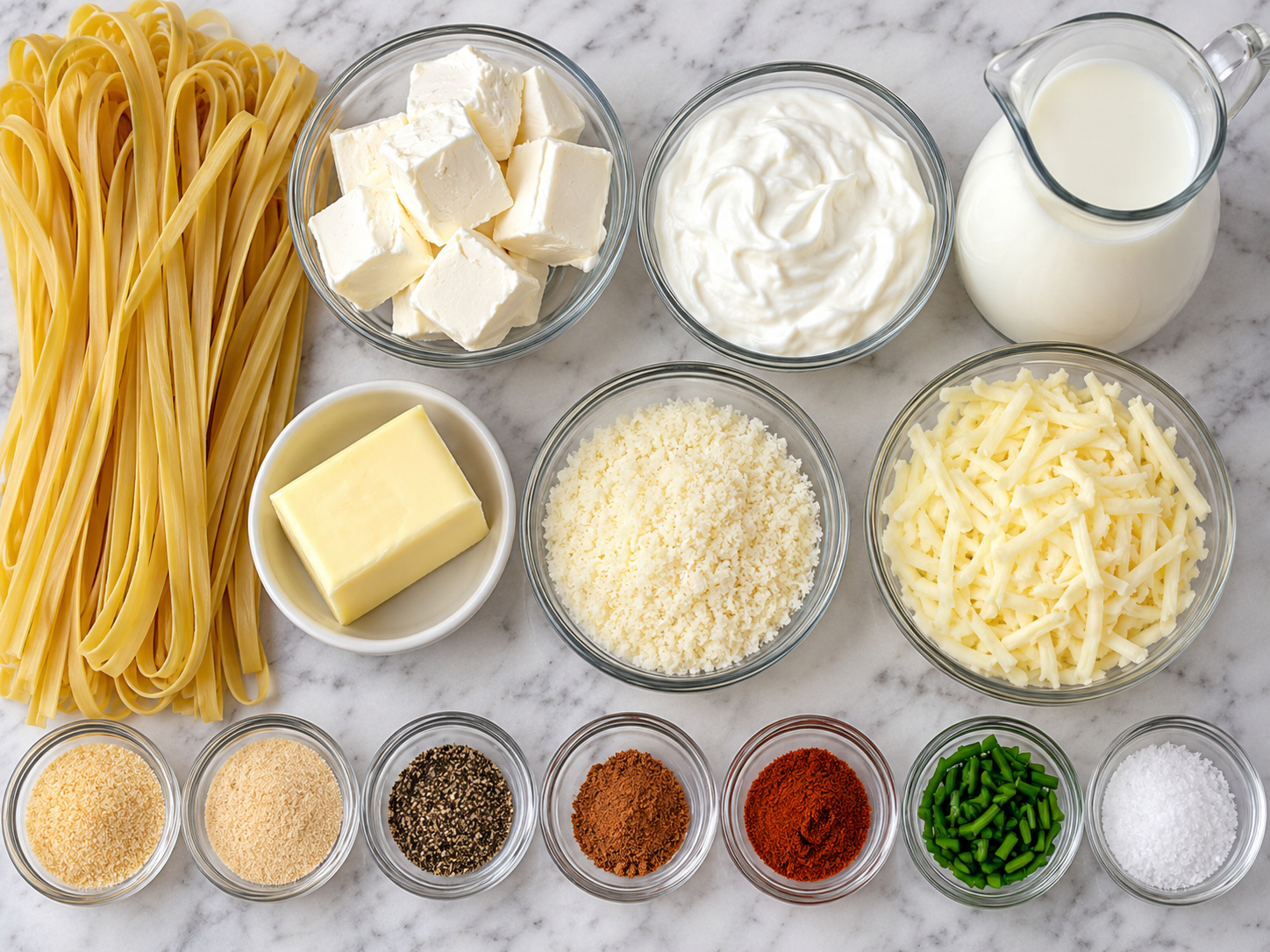 Ingredients for Noodles Romanoff with pasta, sour cream, cheeses, and spices