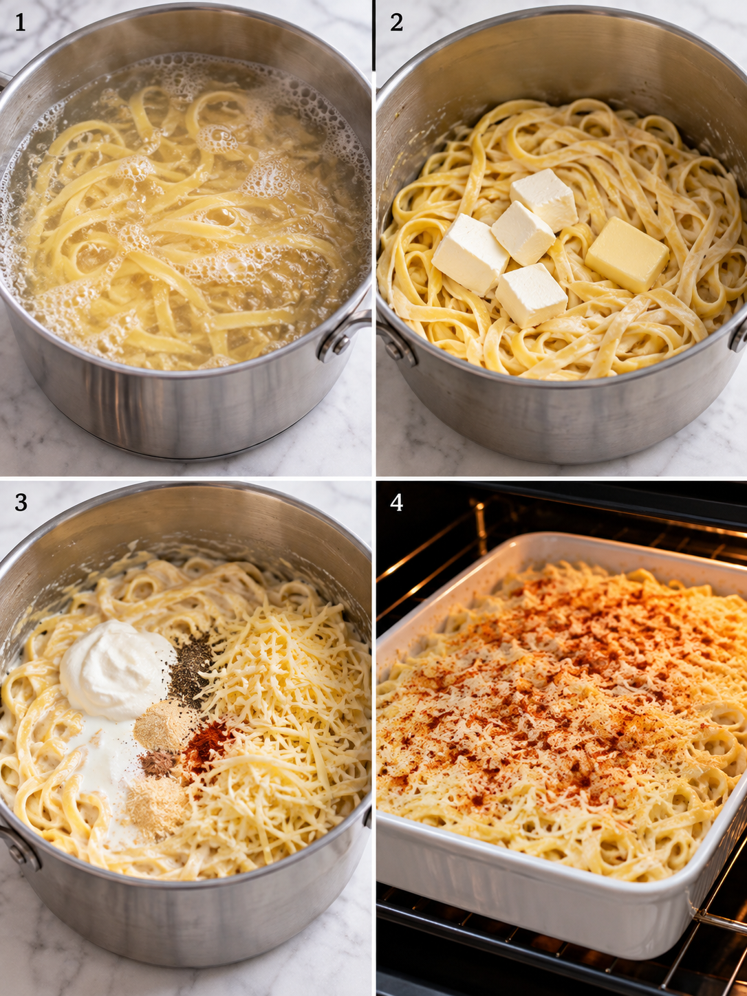 Four cooking steps for creamy baked Noodles Romanoff