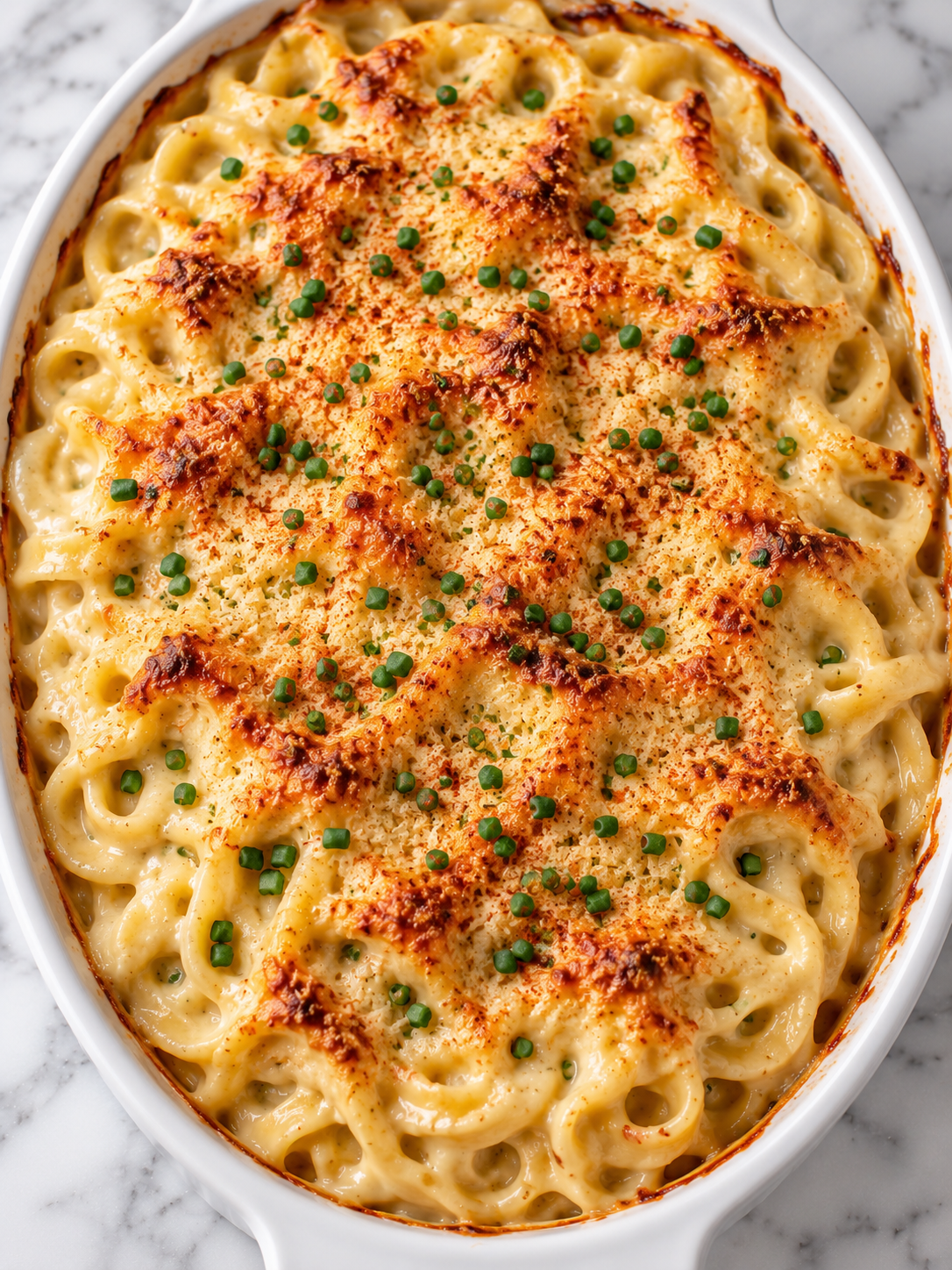 Top-down creamy Noodles Romanoff with browned Parmesan, paprika, and chives