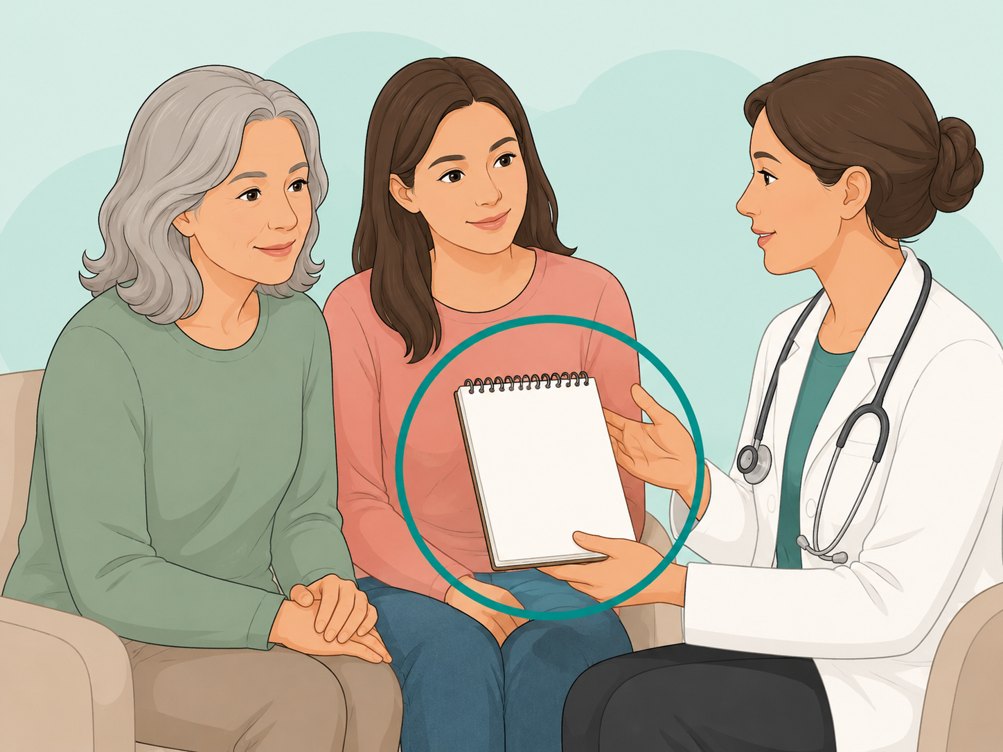 Older adult, family member, and doctor calmly reviewing notes about possible memory changes.