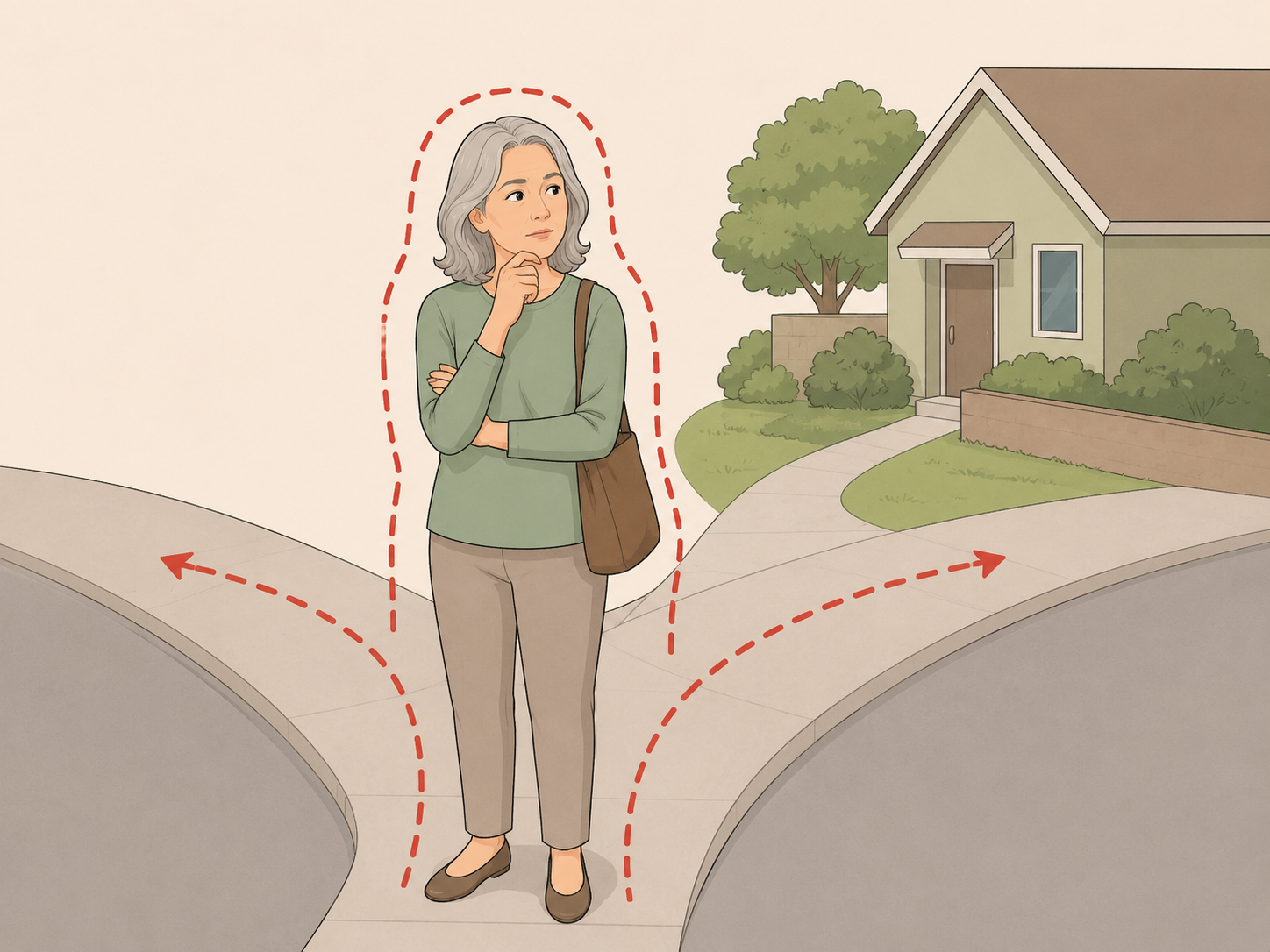 Older adult appearing confused about direction in a familiar place.