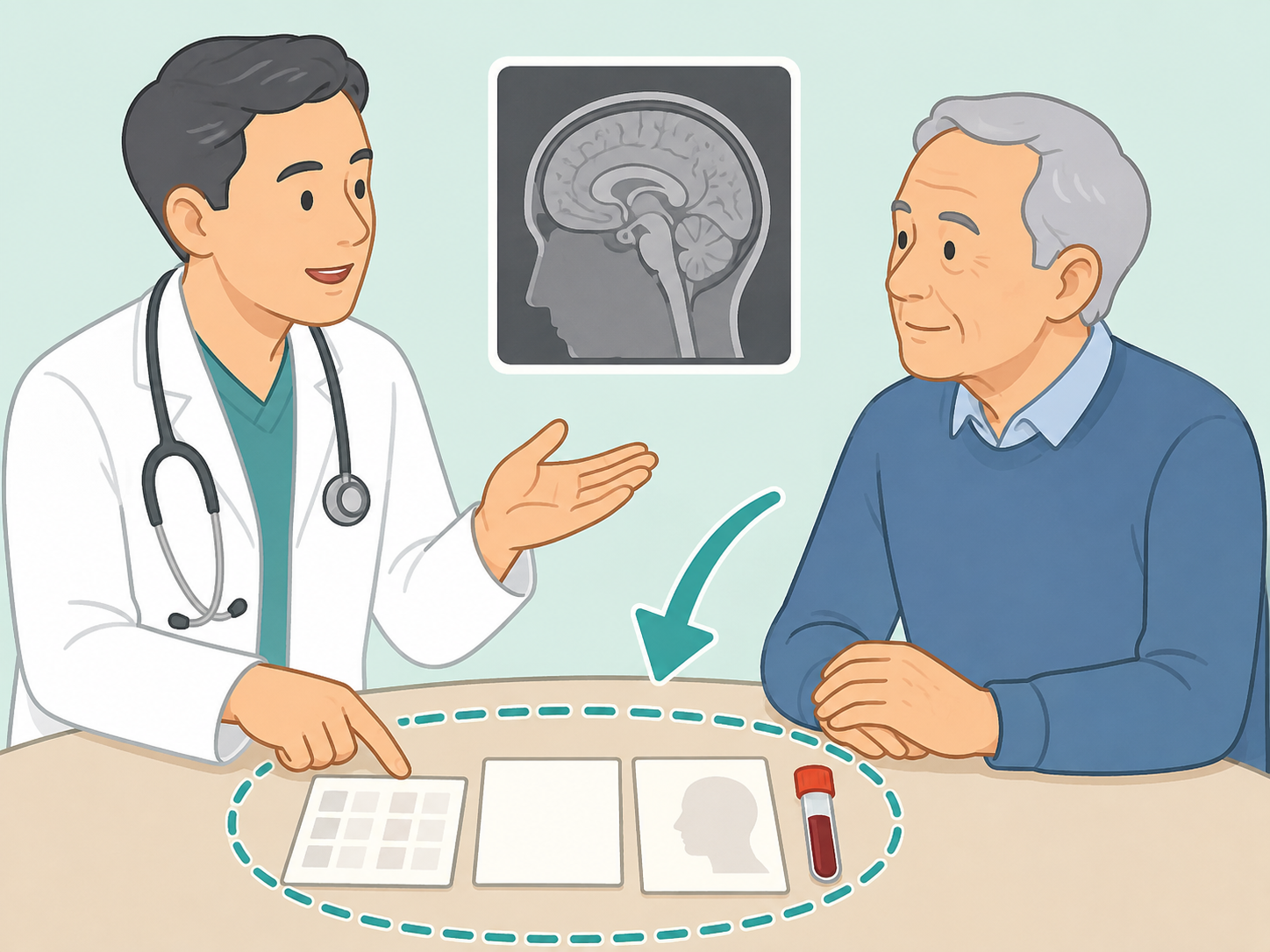 Doctor discussing possible dementia evaluation tests and next steps.