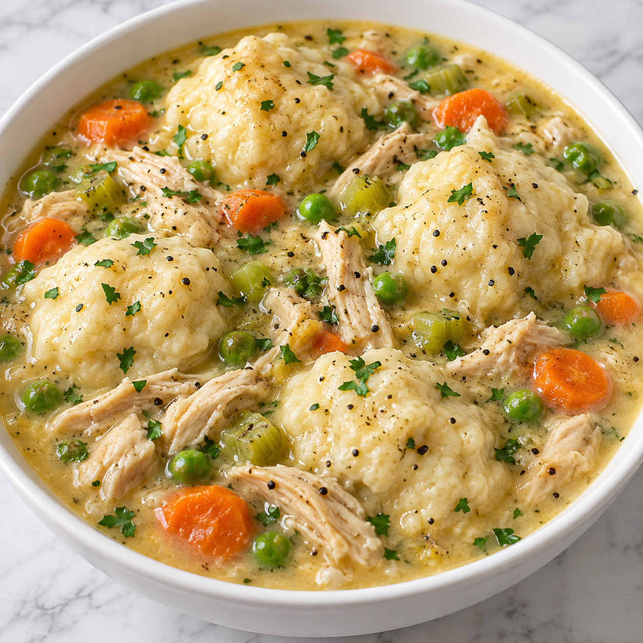 Old-fashioned chicken and dumplings with peas, carrots, and parsley