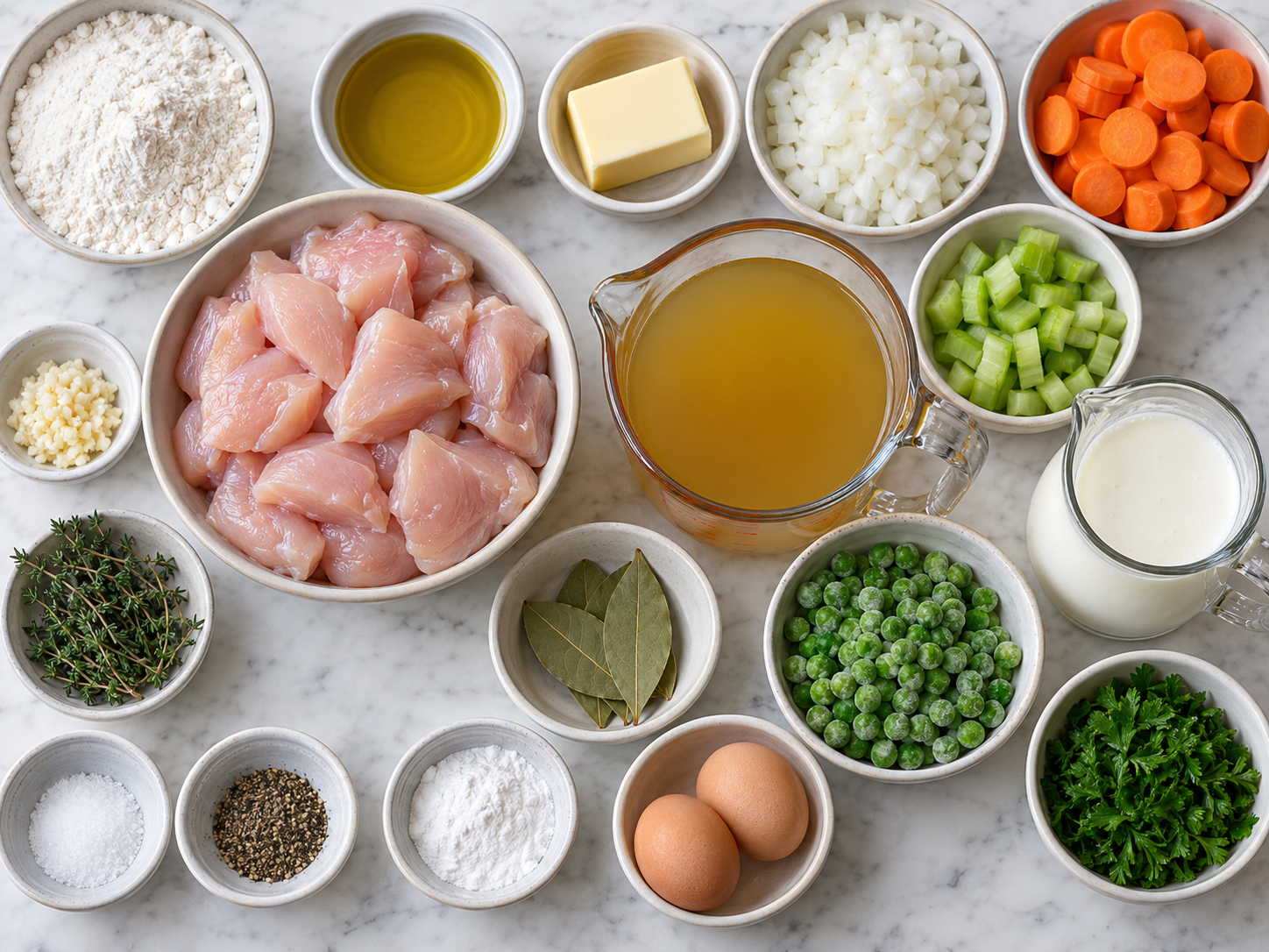 Ingredients for chicken and dumplings with chicken, vegetables, and buttermilk
