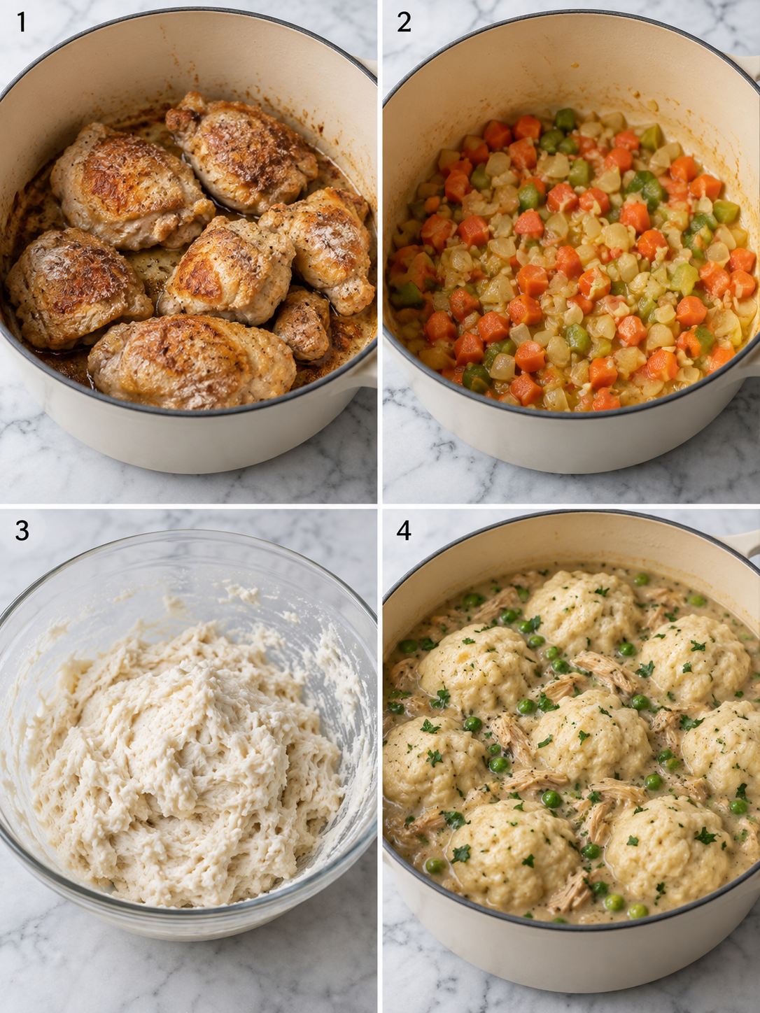 Steps for making chicken and dumplings from browning to steaming