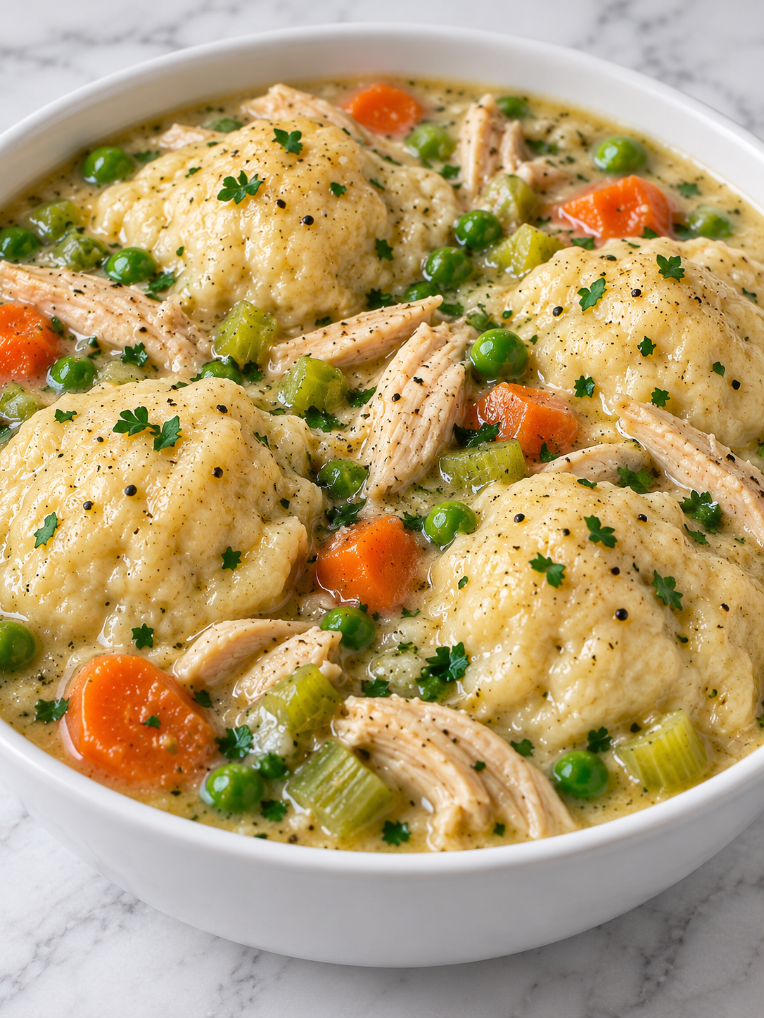 Creamy chicken and dumplings with fluffy dumplings, peas, and carrots