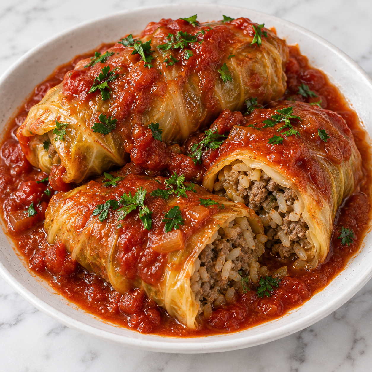 Stuffed cabbage rolls with tomato sauce and parsley on a white plate