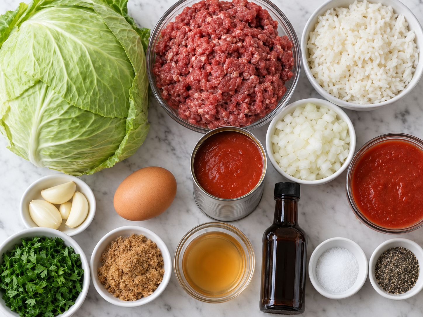 Ingredients for stuffed cabbage rolls with cabbage beef rice and tomato sauce