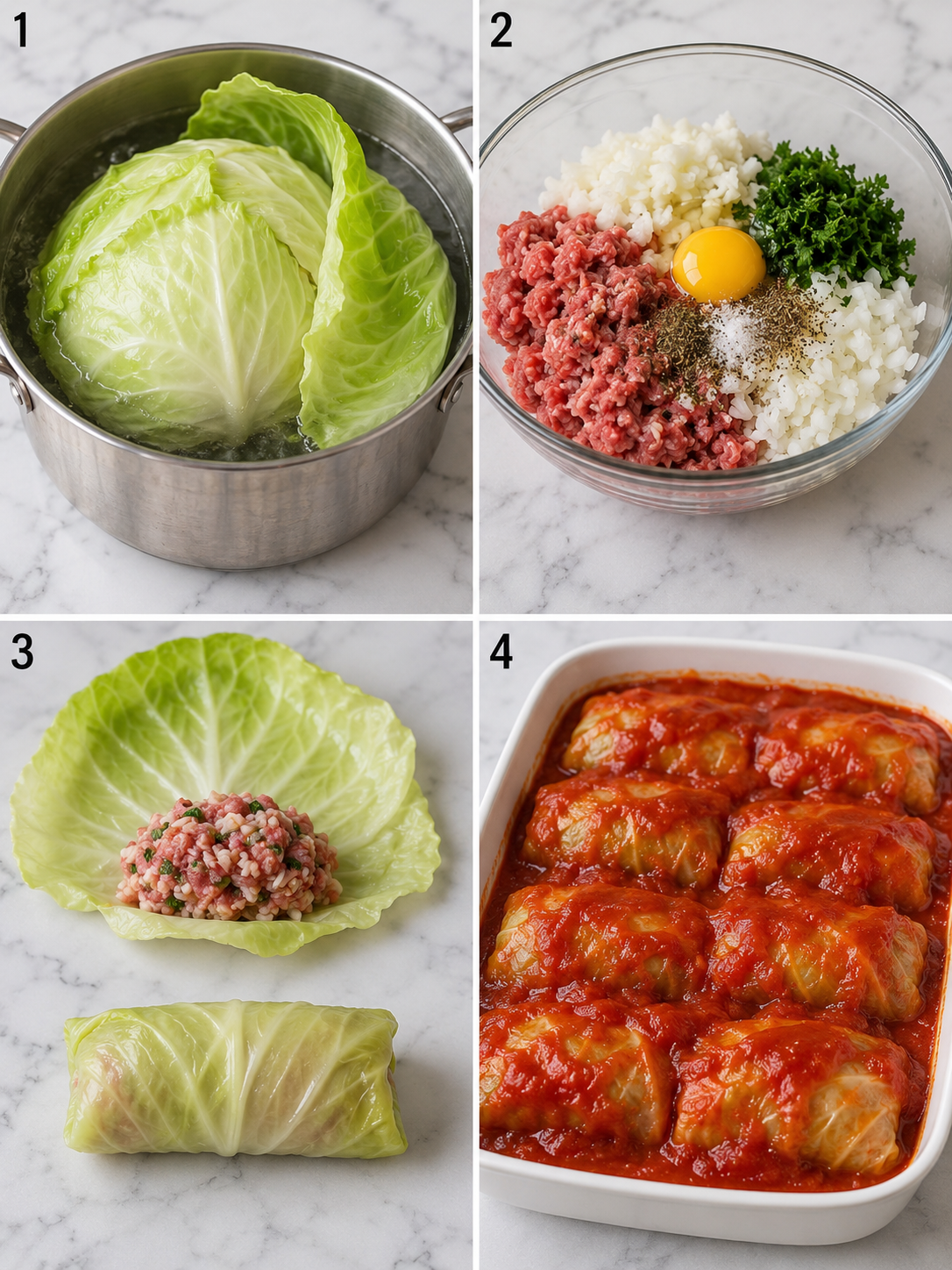Steps for making stuffed cabbage rolls from leaves to sauced baking dish