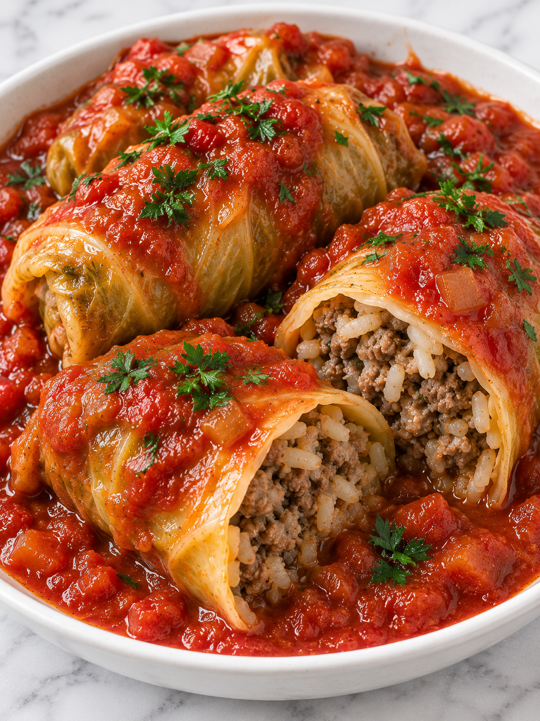 Saucy stuffed cabbage rolls showing beef and rice filling with parsley