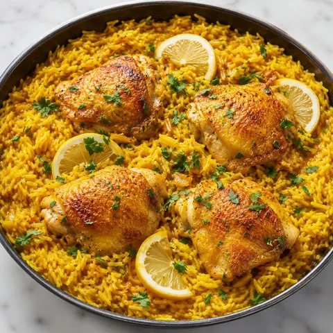 Golden lemon turmeric chicken thighs over fluffy rice with parsley