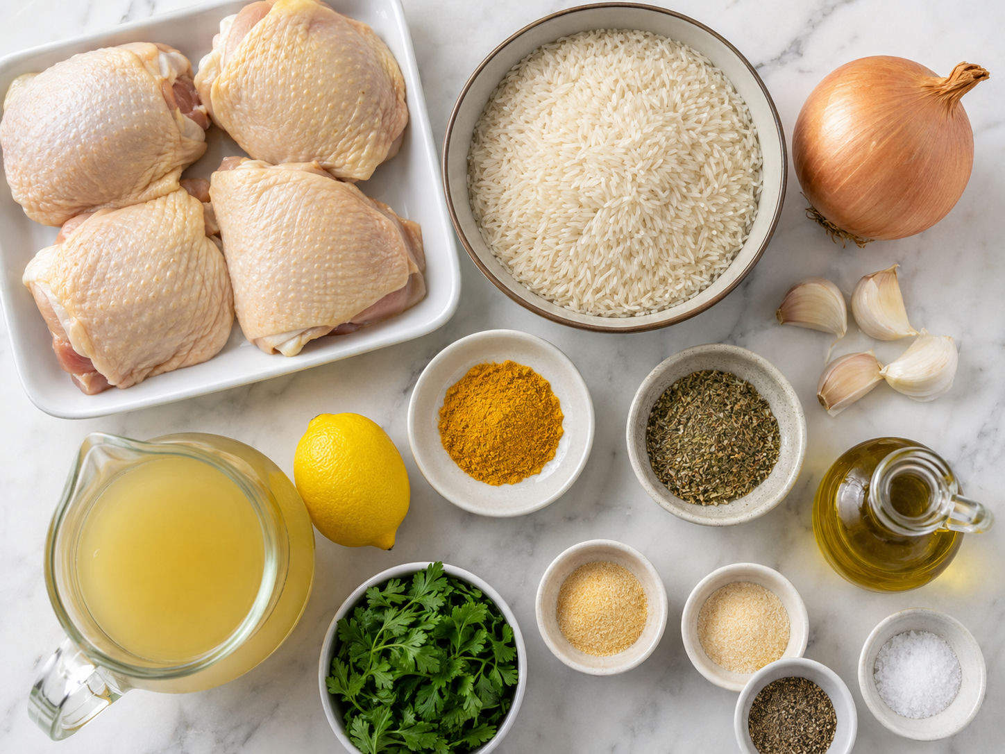 Ingredients for lemon turmeric chicken and rice on a wooden surface