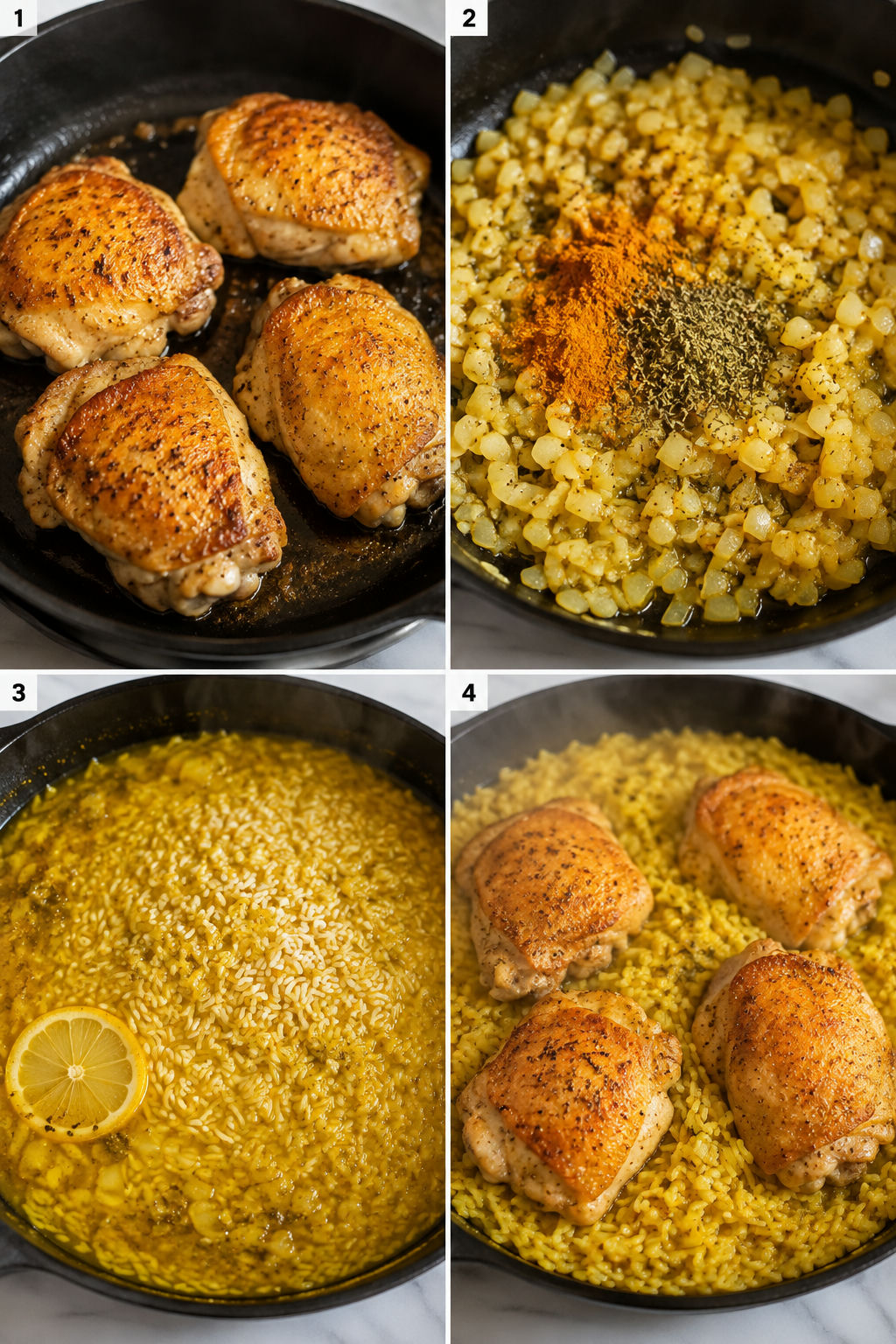 Four cooking steps for lemon turmeric chicken and rice in one skillet