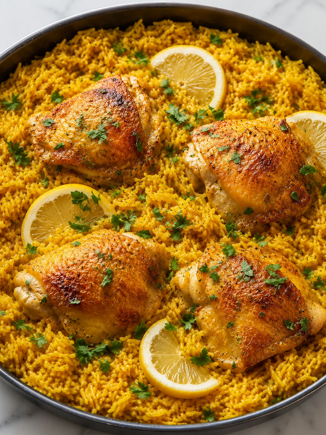 Lemon turmeric chicken thighs with yellow rice, parsley, and lemon slices