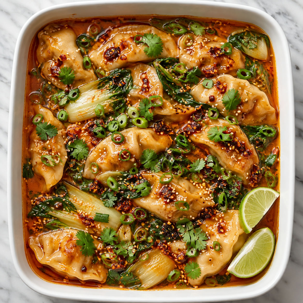 Red curry dumplings with chili crisp, scallions, sesame, and lime