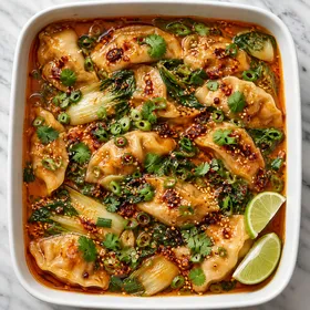 Red curry dumplings with chili crisp, scallions, sesame, and lime