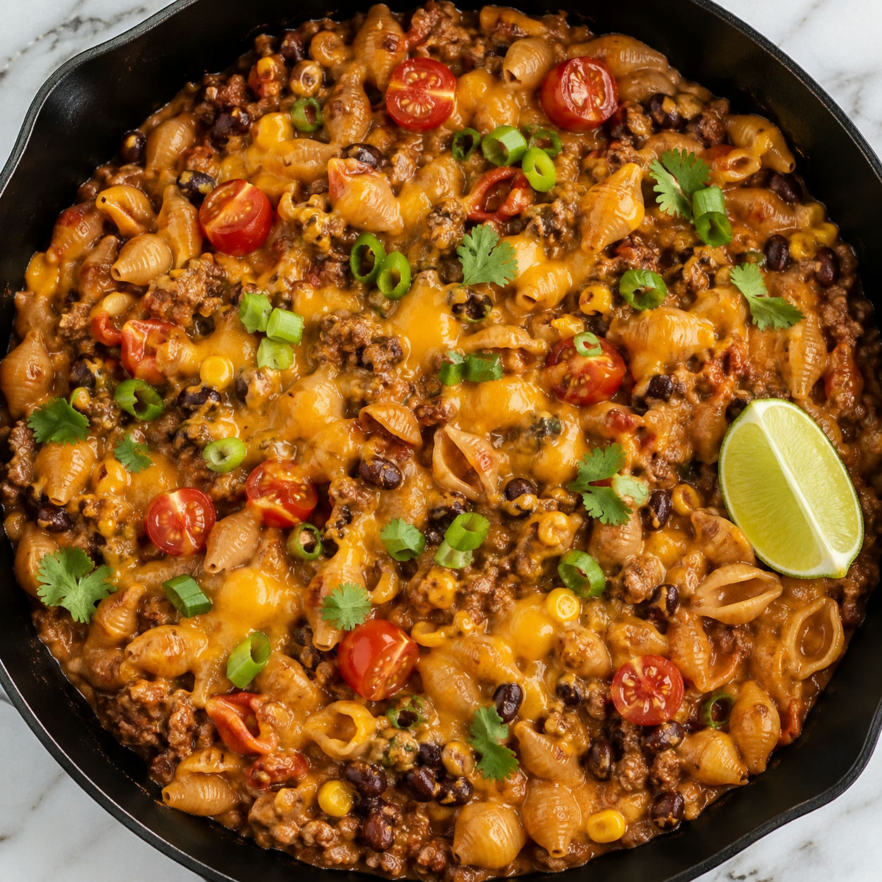 Cheesy one-pan taco pasta with beef, beans, corn, tomatoes, and cilantro