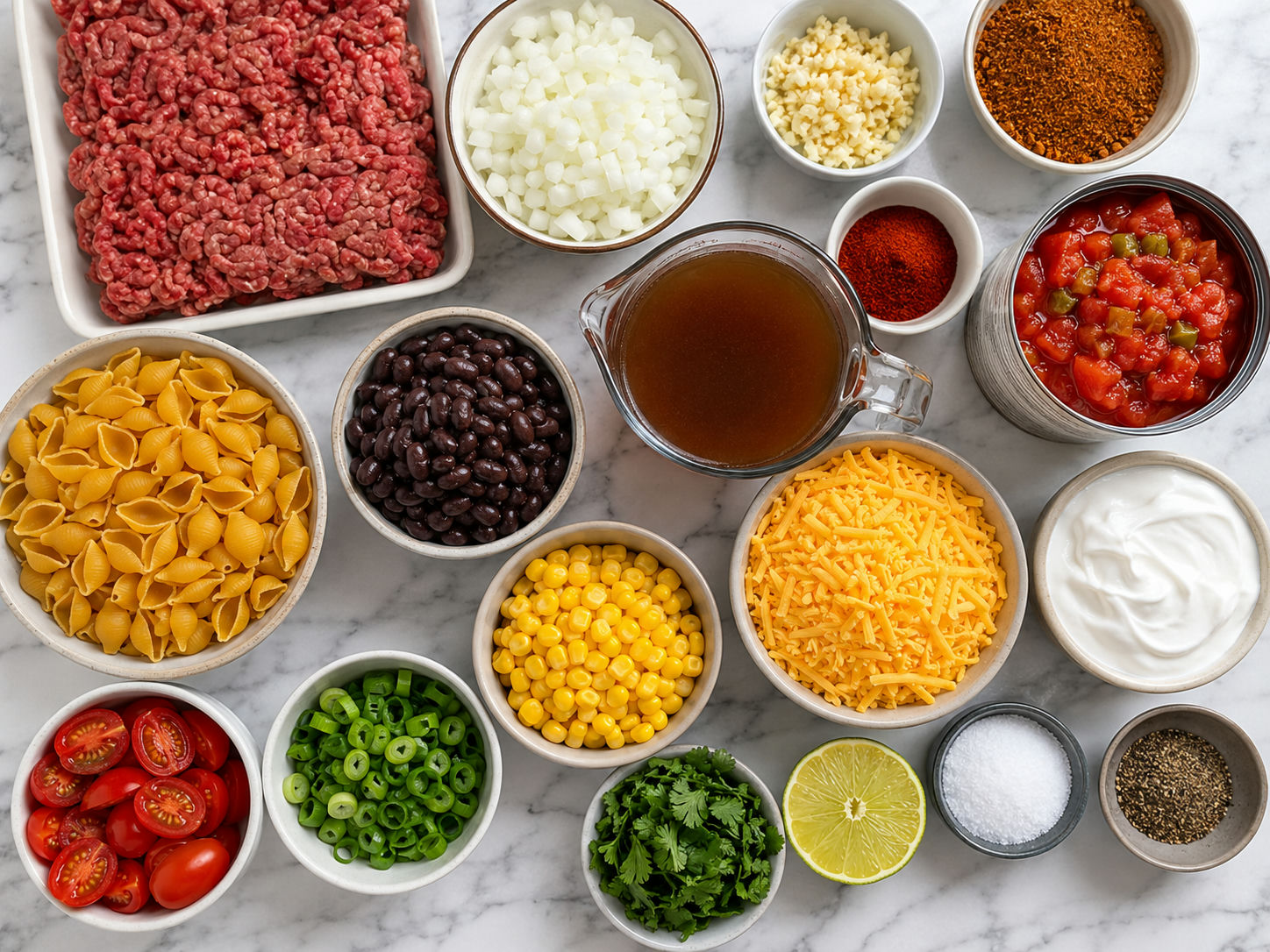 Ingredients for one-pan taco pasta with beef, shells, beans, corn, and cheddar