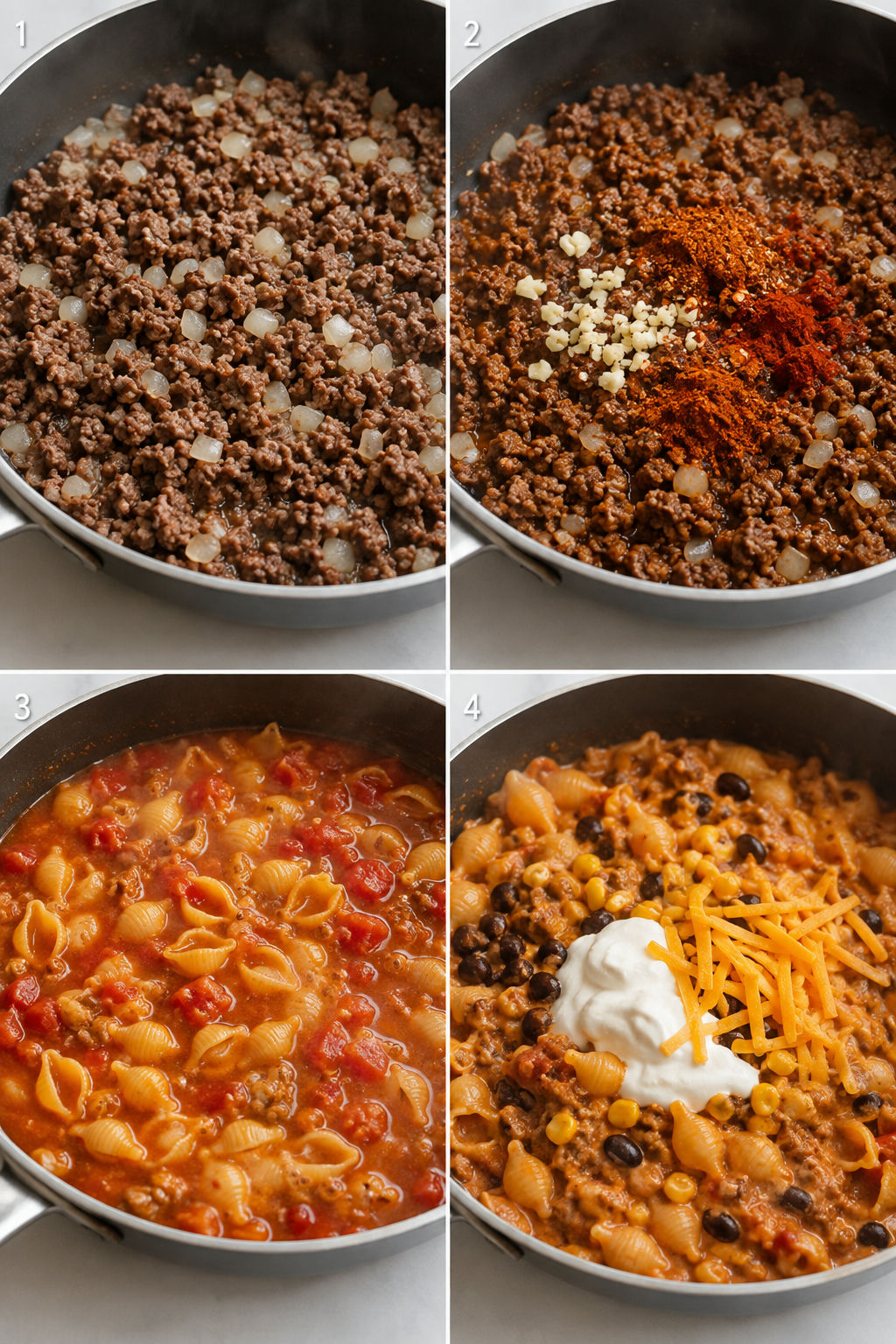 Four cooking steps for one-pan taco pasta in a deep skillet