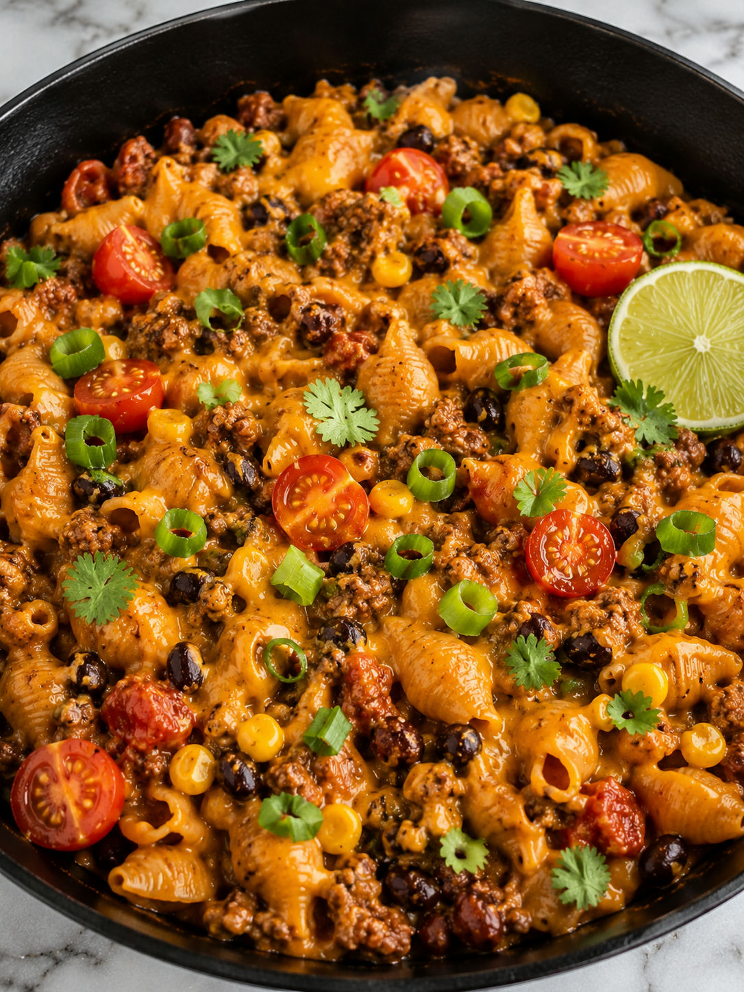 Creamy taco pasta in a skillet with beef, cheddar, tomatoes, and cilantro