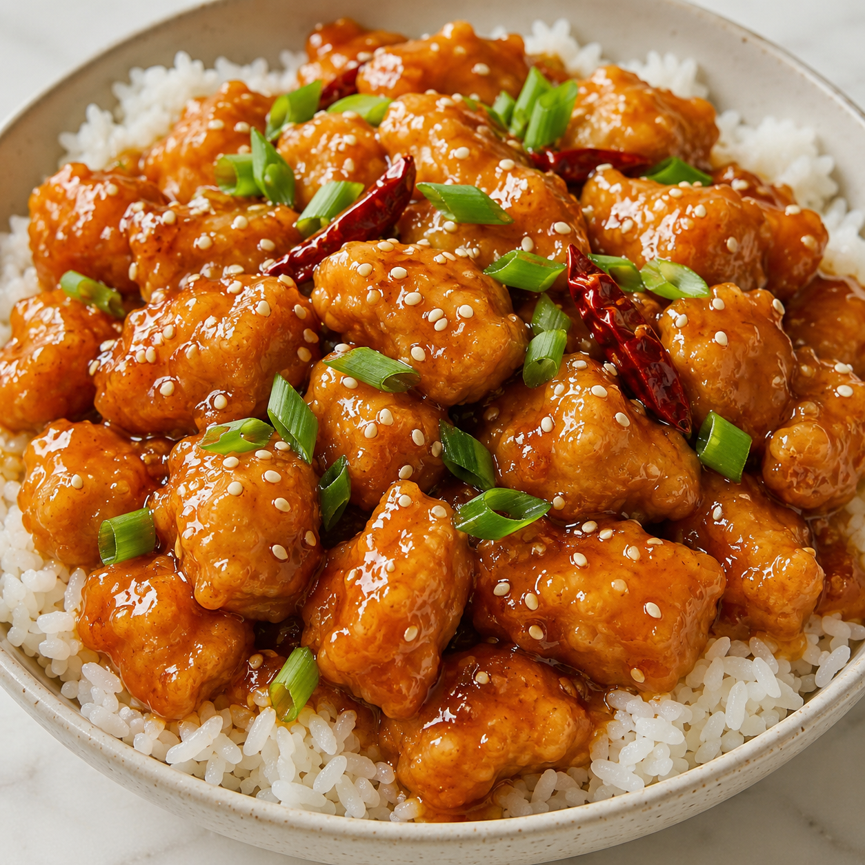 Glossy orange chicken over rice with sesame seeds and green onions