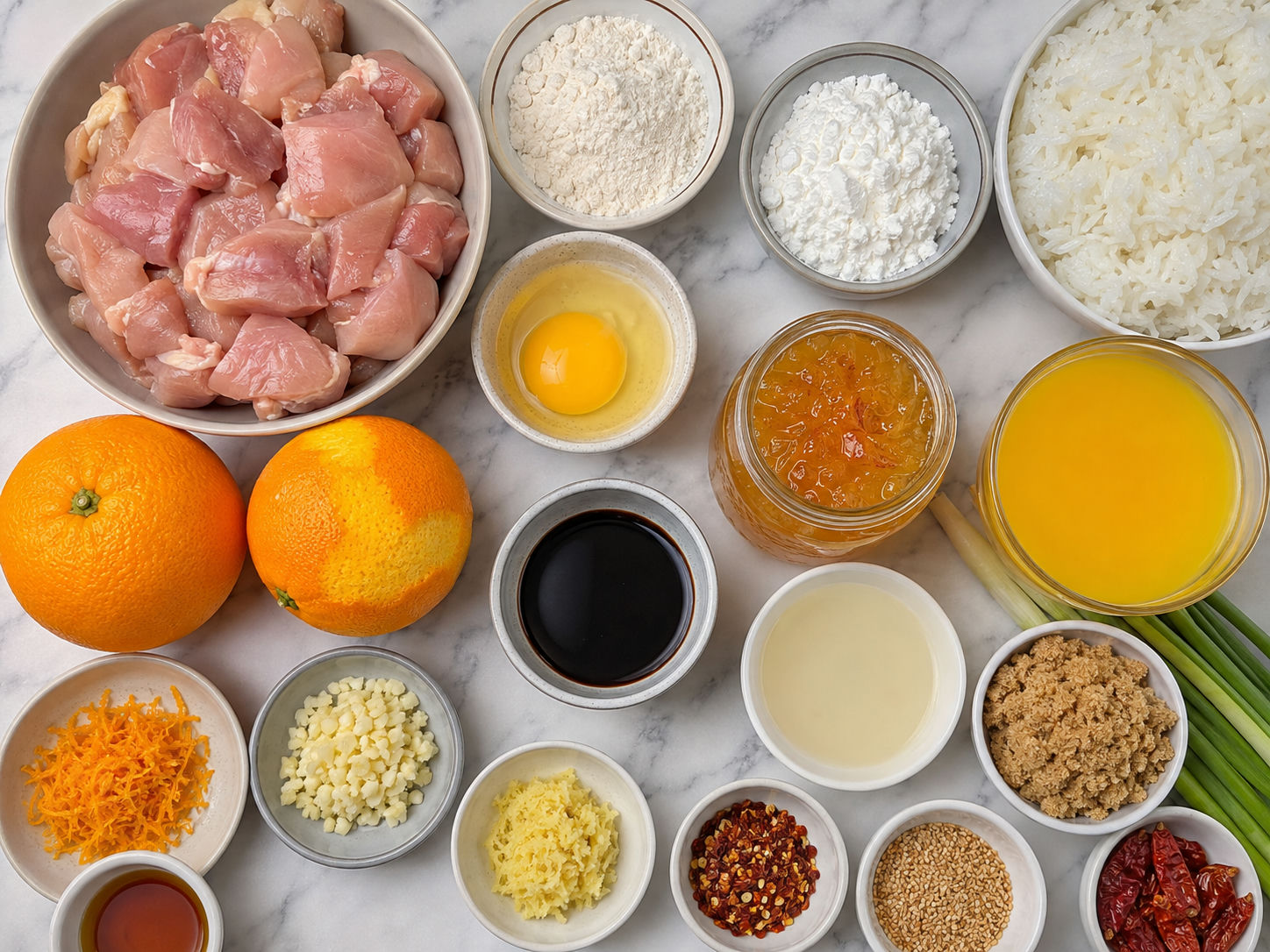 Ingredients for orange chicken with oranges, chicken, sauce, and aromatics