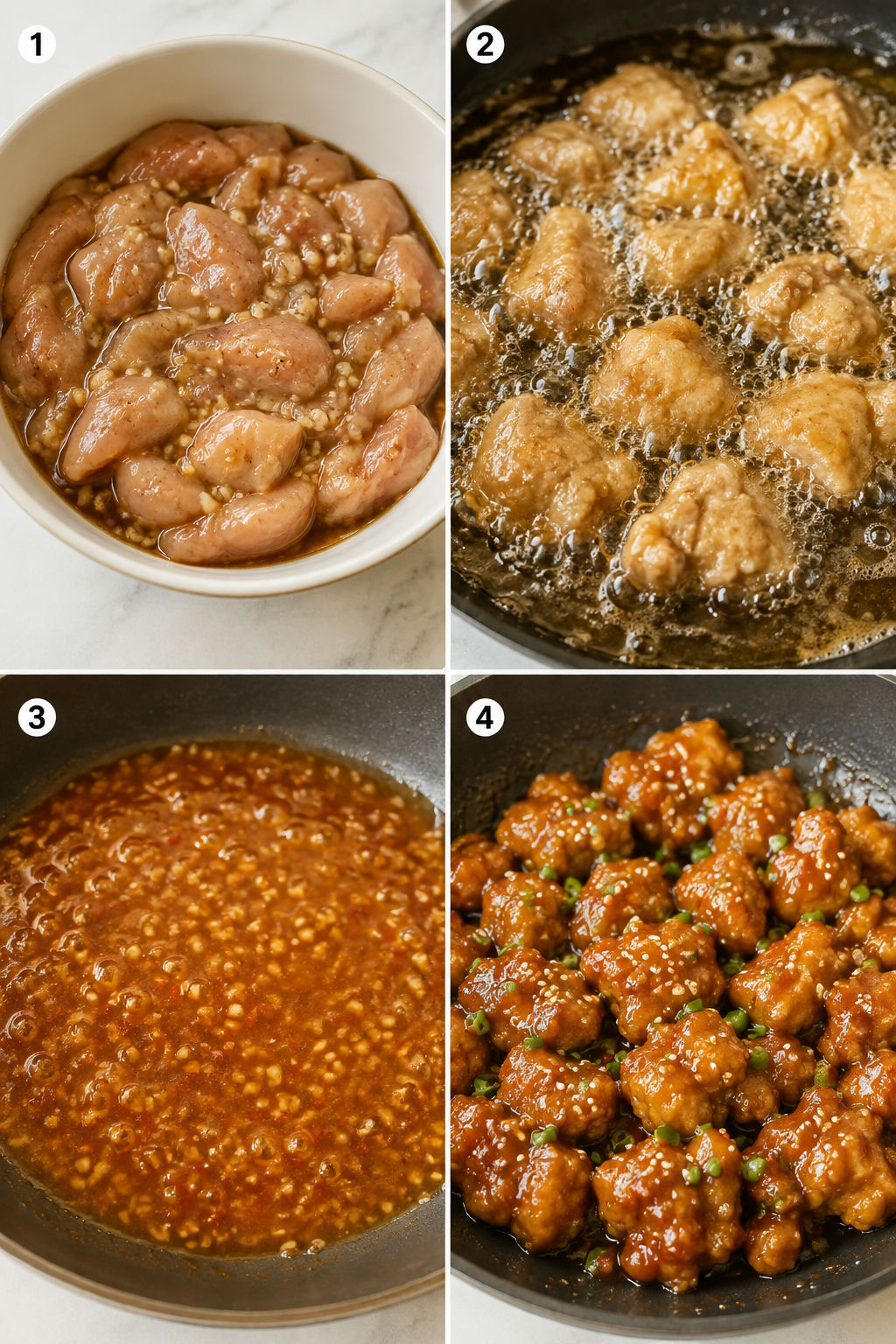 Four steps for making crispy orange chicken and glossy orange sauce