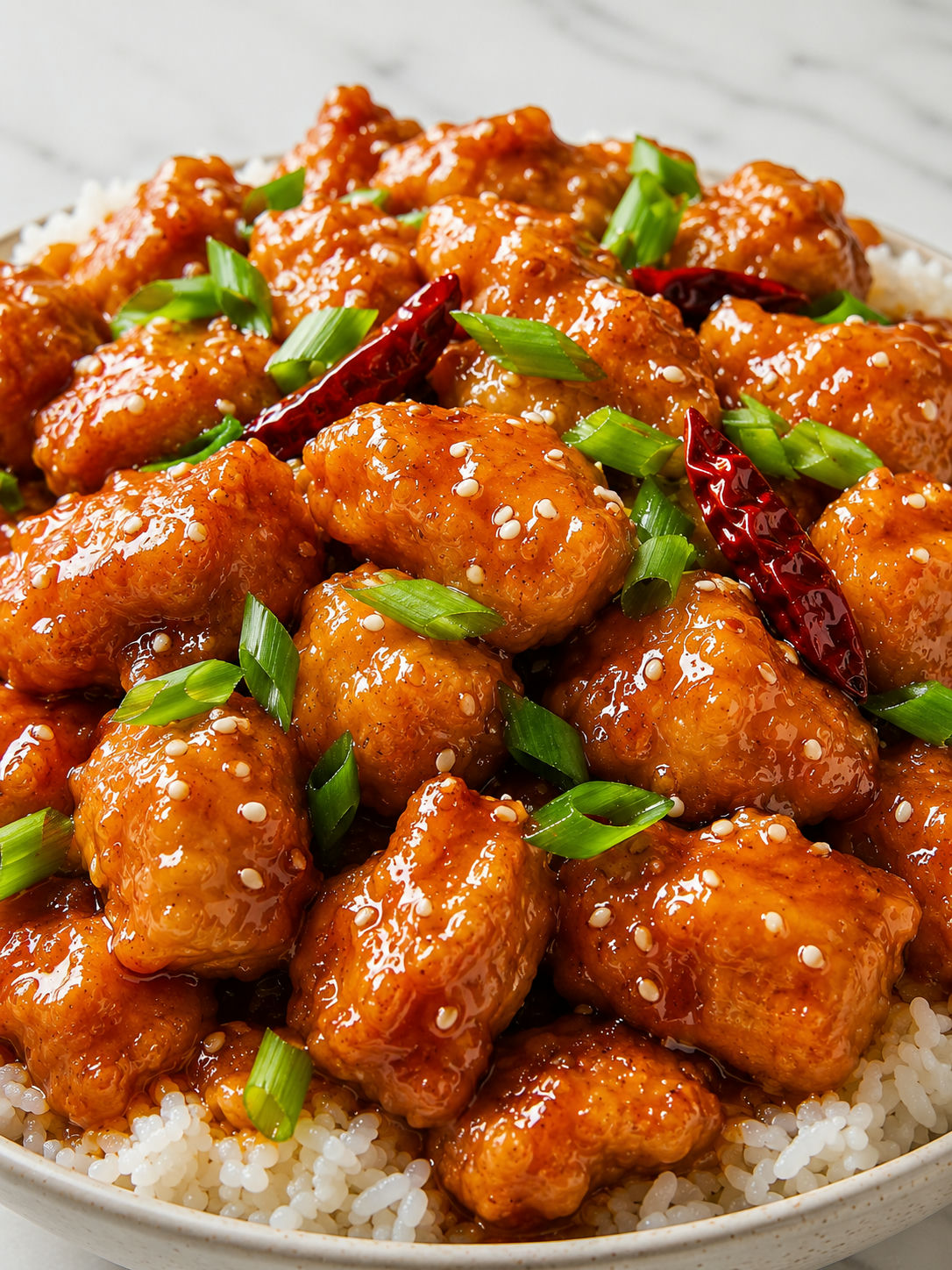 Crispy orange chicken piled over rice with sesame and green onions