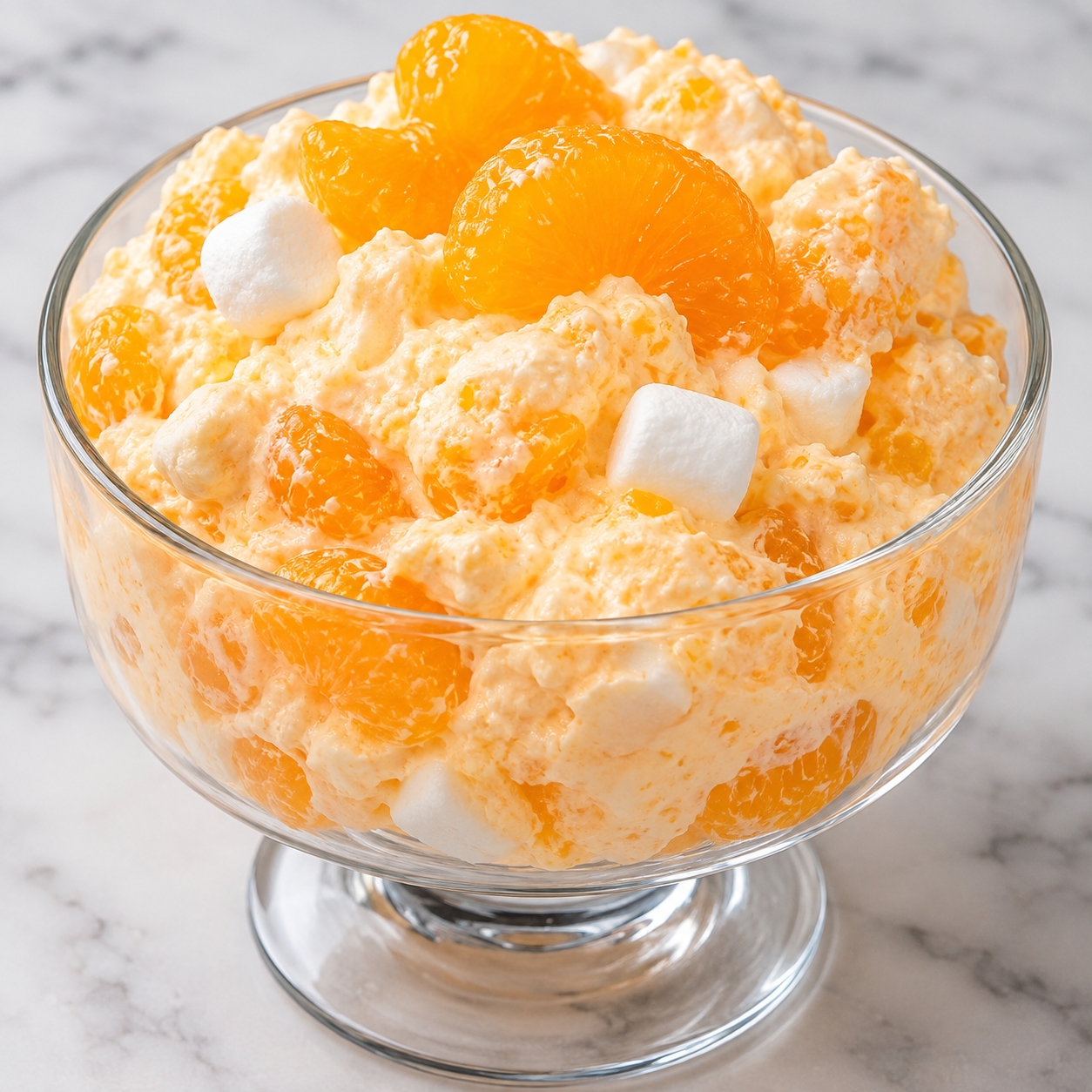 Orange Dreamsicle Salad with mandarins and mini marshmallows in a glass bowl