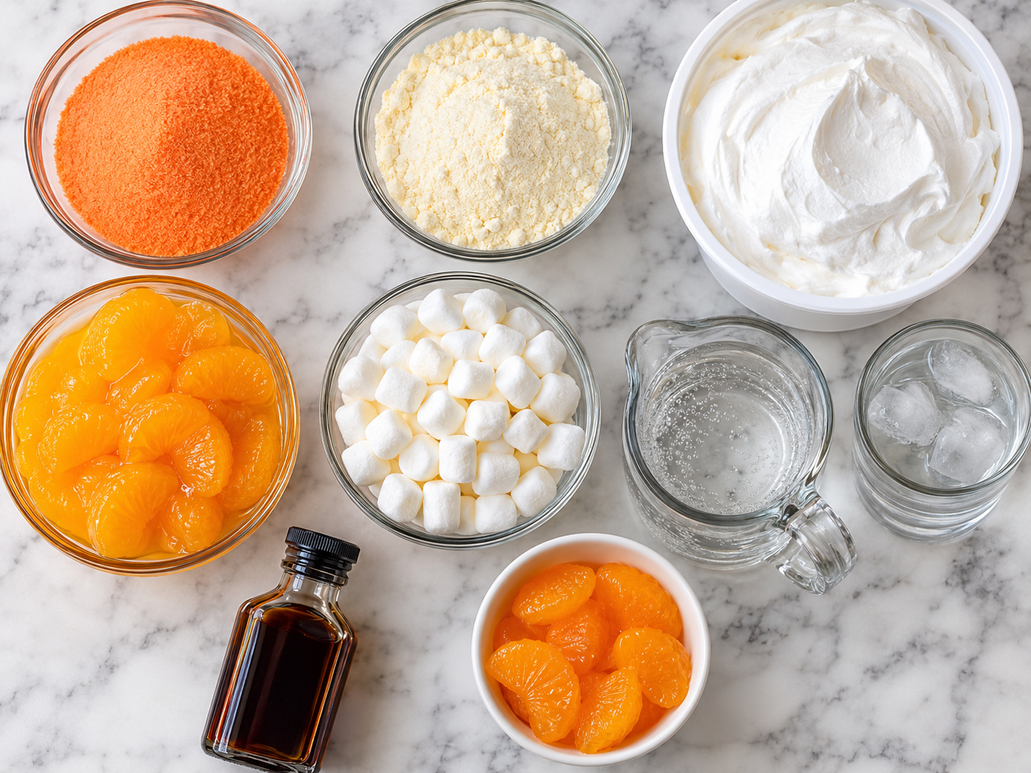 Ingredients for Orange Dreamsicle Salad with mandarins and marshmallows