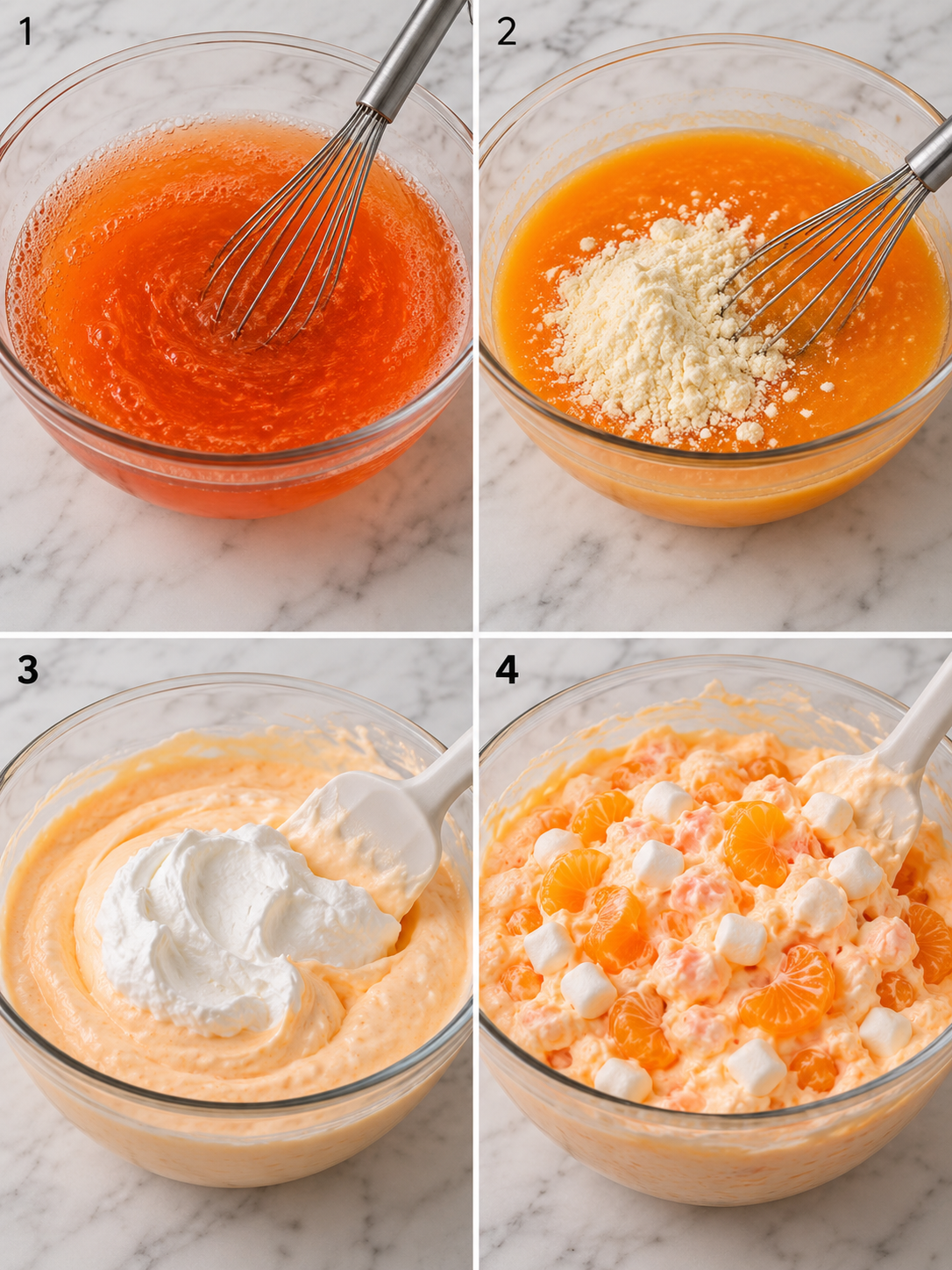 Steps for making Orange Dreamsicle Salad with pudding, topping, and mandarins