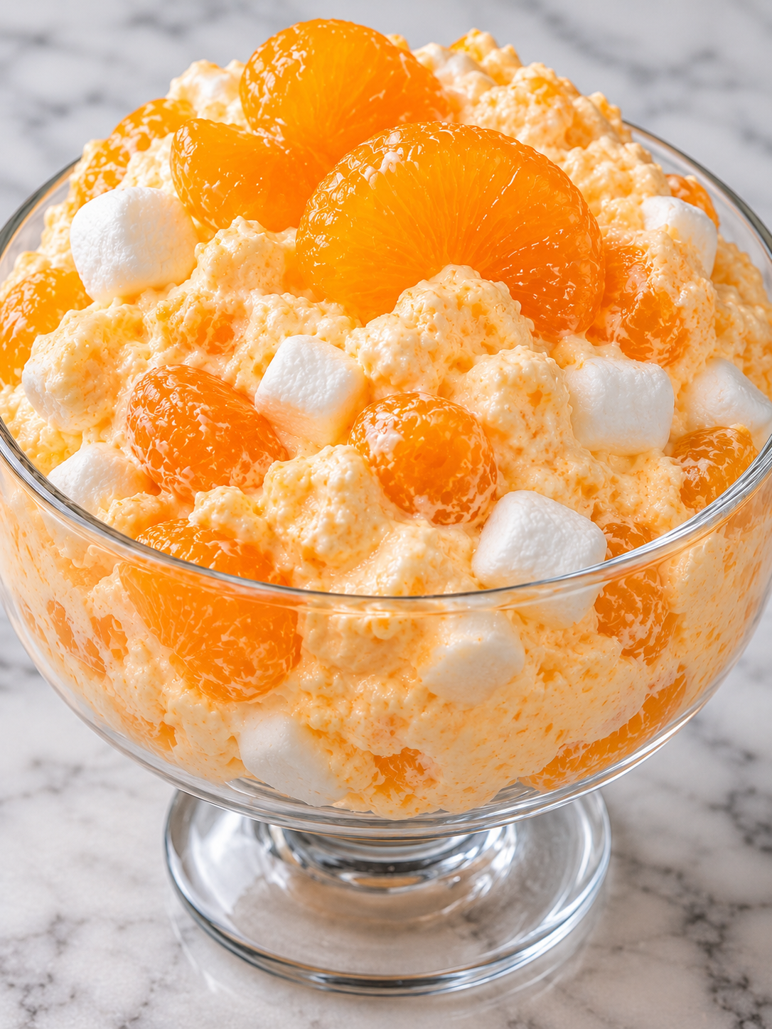Orange Dreamsicle Salad in a glass dessert bowl with mandarins and marshmallows