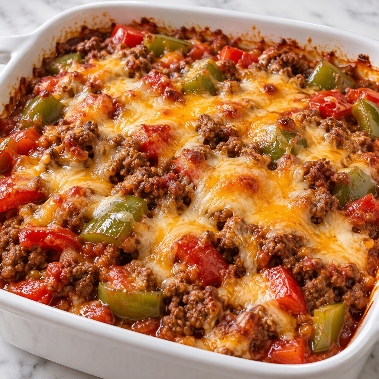 Amish beef and bell pepper bake with marinara and melted cheese