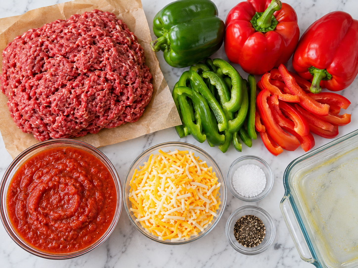 Ground beef, bell peppers, marinara, and shredded cheese for a casserole