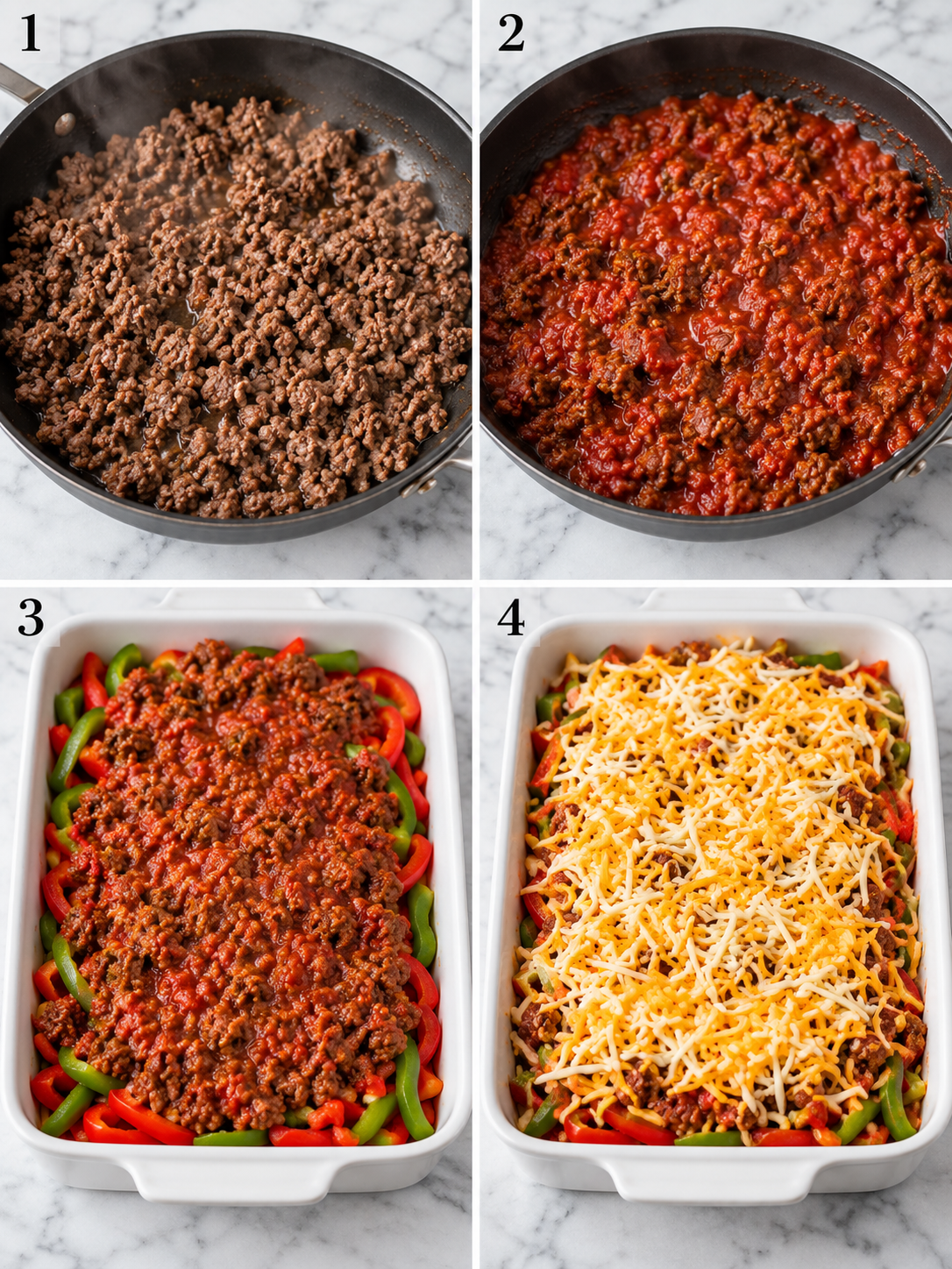 Four cooking steps for Amish beef and bell pepper bake